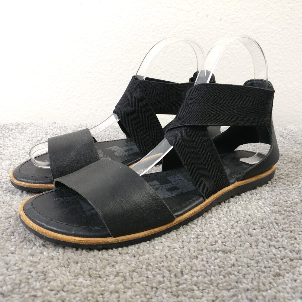 Sorel Ella Sandals Womens Size 7 Black Leather Strappy Flat Slingback NL2893-010